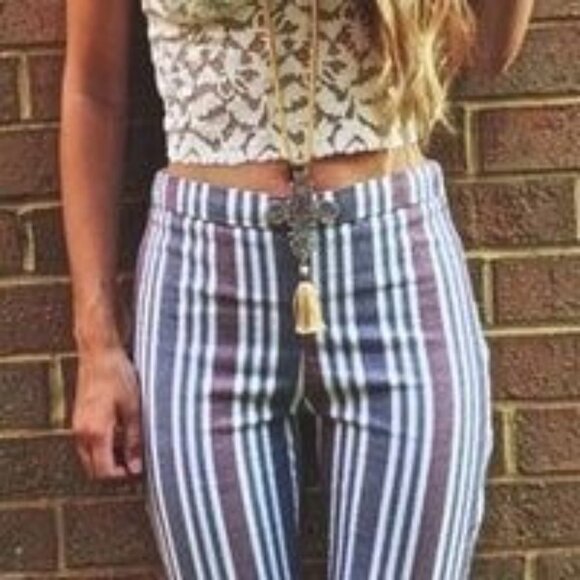 Free People Linen Cropped Pants Mod Stripe Women's Size 4 Red, White, Blue - Picture 1 of 8